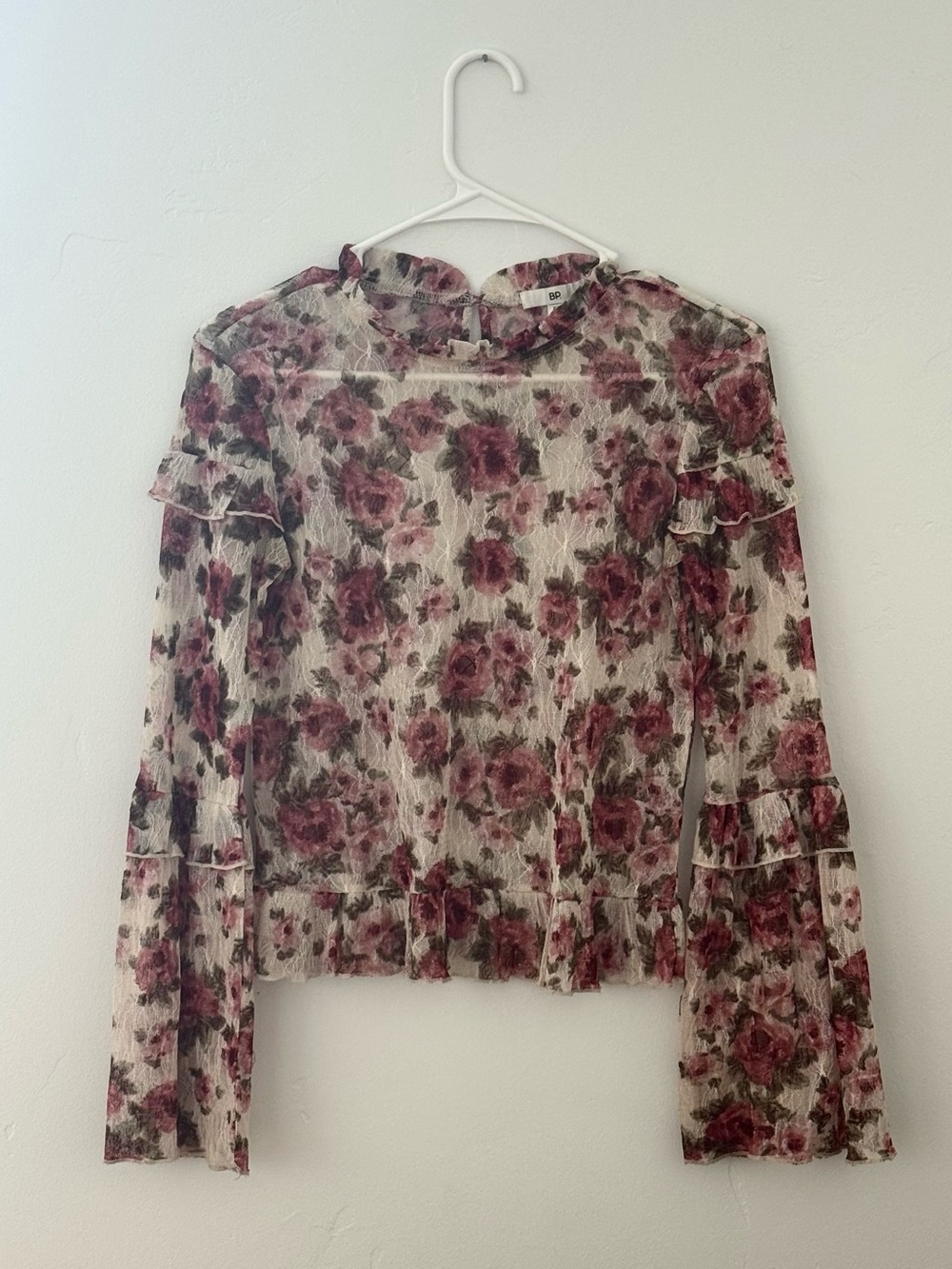 bp Sheer Floral Ruffle Mock Neck Blouse in Cream and Rose